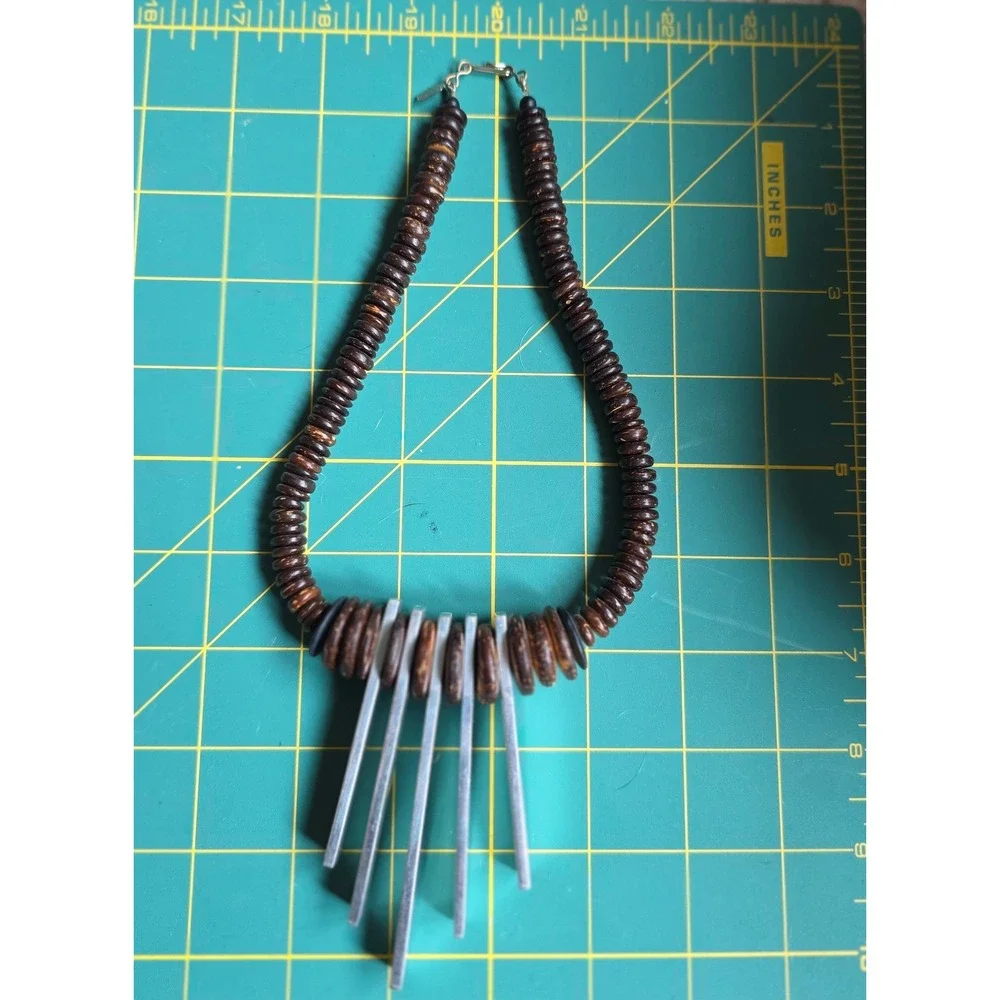 M.E. Signed Wood Disc and Brushed Silver Tone Bar Fringe Statement Necklace